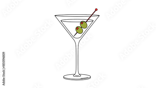Linedrawn martini glass with two green olives on a cocktail pick
