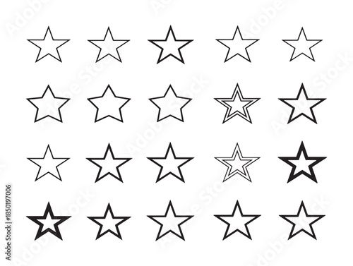 A collection of 20 star shapes in various shades of gray on a white background