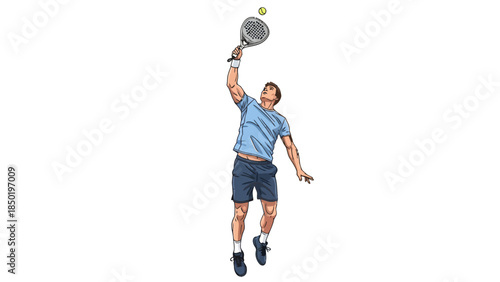Male player jumping to hit a yellow ball with a padel racket