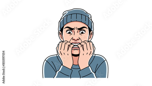 Man in beanie biting fingernails with anxious expression