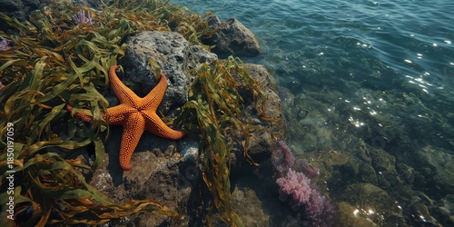 Sea star and sea anemone uncovered during low tide, highlighting estuarine ecosystem in southeast Alaska