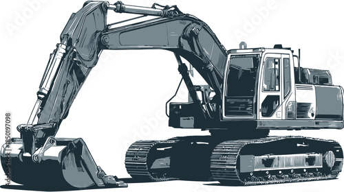 Detailed vector illustration of a heavy-duty excavator, construction machinery for earthmoving and digging projects on a white background.