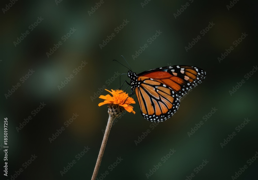 Obraz premium Vibrant orange monarch butterfly with striking black veins perched delicately on a slender brown wooden stick. Detailed wildlife nature scene ,butterfly ,botany ,garden