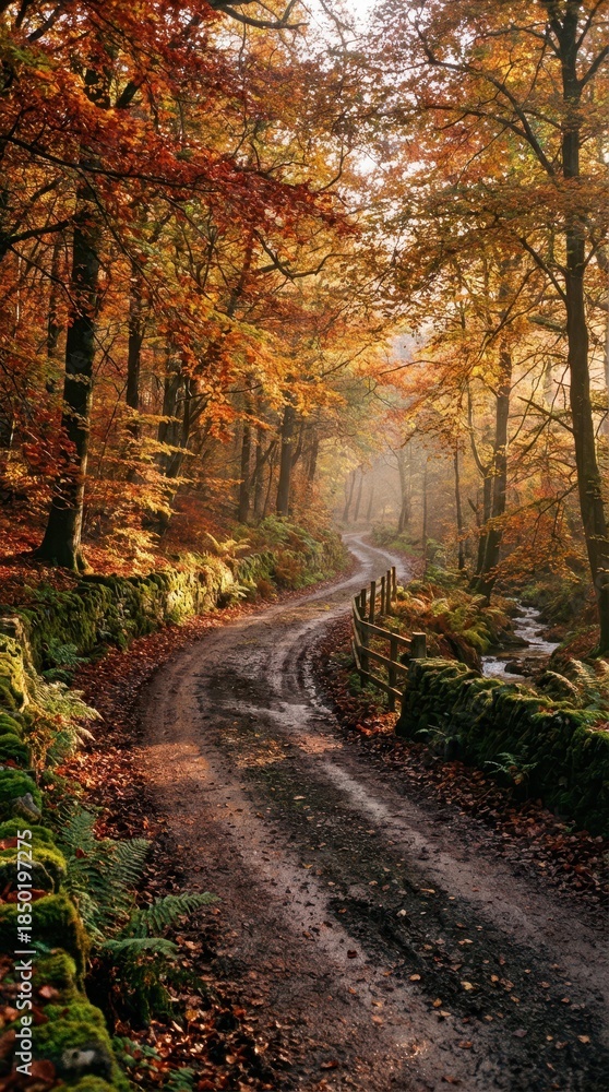 Fototapeta premium Serene Autumn Path in Lush Forest with Colorful Foliage