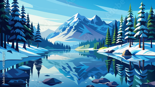 Peaceful winter scene at Lake Eibsee featuring evergreen pine trees reflected perfectly in icy water, capturing the quiet beauty of the Bavarian Alps during the cold season