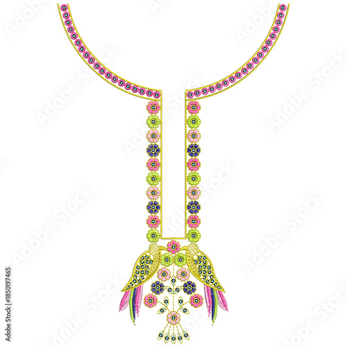 A beautiful indian asian embroidery neckline designs with paisley motifs geometrical ornaments for digital and textile print on fabric.