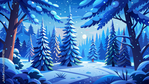 Snowfall in a winter forest with detailed blue spruce fir tree branches, capturing Christmas and New Year magic in a festive banner-style image with soft light and serene atmosphere