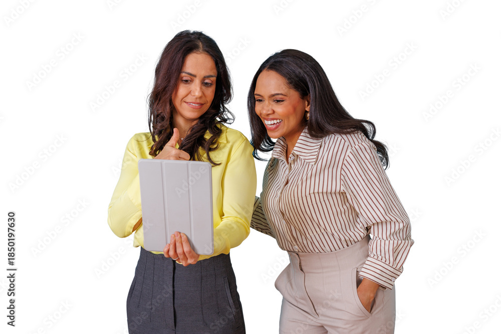 Fototapeta premium Successful businesswomen collaborating on a tablet, smiling and giving thumbs up, showing approval and teamwork