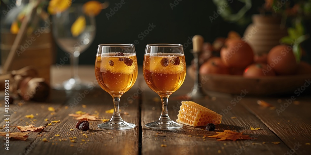 Obraz premium Serving of natural homemade mead or Finnish Sima with raisins in glasses, highlighting fermentation process