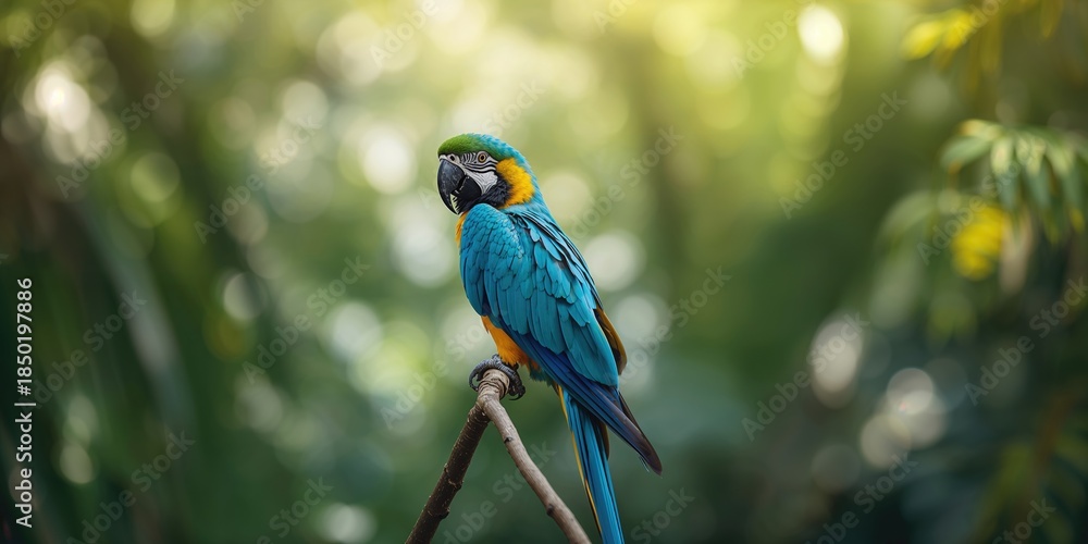 Obraz premium Turquoise-fronted amazon bird perched on a branch in Brazil, avian diversity and natural habitat