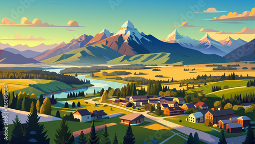 Very beautiful panoramic aerial view of Jackson Hole, Wyoming, captured on a clear summer morning, showing town layout, surrounding valleys, mountains, and expansive western landscapes.