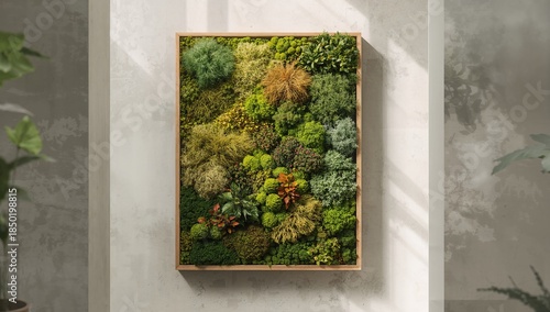 Interior feature showcasing preserved multicolored moss arranged on wall panels for decorative purposes