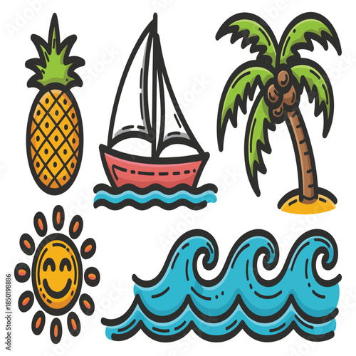 A charming collection of hand-drawn summer vacation icons featuring a cheerful pineapple, a sailboat on waves, a tropical palm tree, a smiling sun, and refreshing ocean waves