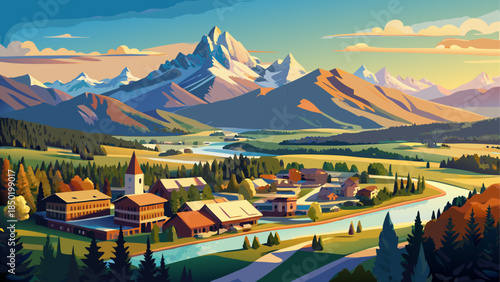 Very beautiful panoramic aerial view of Jackson Hole, Wyoming, captured on a clear summer morning, showing town layout, surrounding valleys, mountains, and expansive western landscapes.