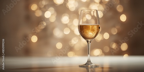 A glass of white wine with a holiday light backdrop, suitable for seasonal layout design