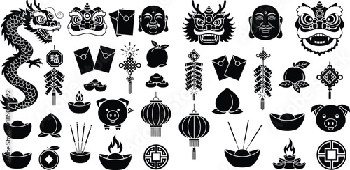 Chinese New Year decorative elements icons set, including dragon, lion dance, and lucky symbols