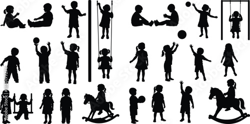 Children silhouettes playing activities including swings, rocking horse, and ball games, illustration