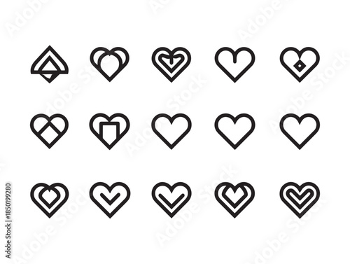 A collection of 16 unique heart symbols in various styles and orientations