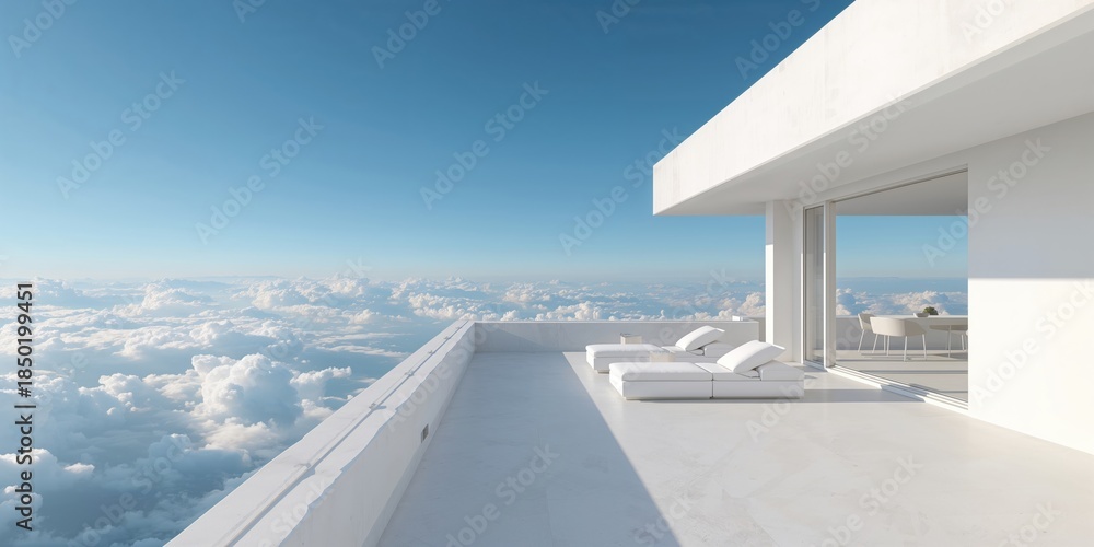 Obraz premium Penthouse with balcony overlooking a blue sky, urban living space for city dwellers