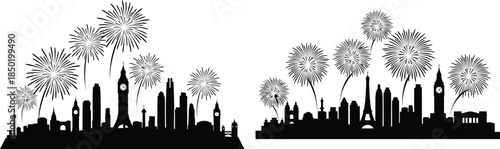 City skyline silhouette with fireworks above famous world landmarks celebration graphic