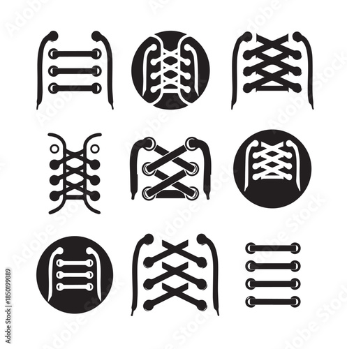 Footwear Shoelace Tying Patterns and Lacing Icon Set.
