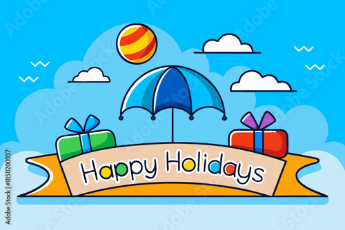 Happy Holidays Banner Vector Summer Sky Beach Umbrella Background Art