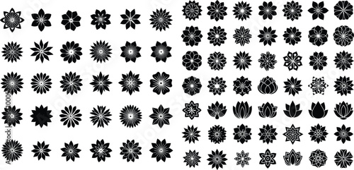 Collection of diverse flower icons in flat style, elegant floral silhouette assortment for design