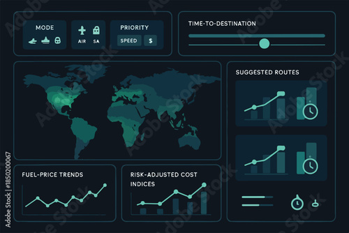 Real-Time Shipping Cost Index Map — Trade Route Optimization & Time Tracking Vector