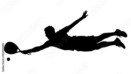 Silhouette of a padel player diving horizontally to hit a ball with a racket