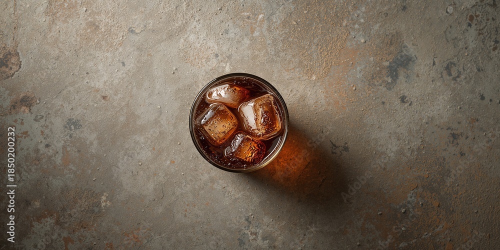 © pngking - Top-down view of a chilled Coca-Cola glass with ice cubes on weathered concrete surface, refreshment for summer hydration