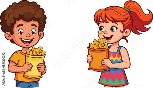 Happy kids, cartoon style, holding chips, snack time, playful moment, childhood joy, colorful outfits, smiling faces, fun food, cheerful illustration