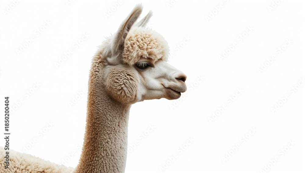 Obraz premium Alpaca seen in profile against a white backdrop, focusing on fleece texture and animal care
