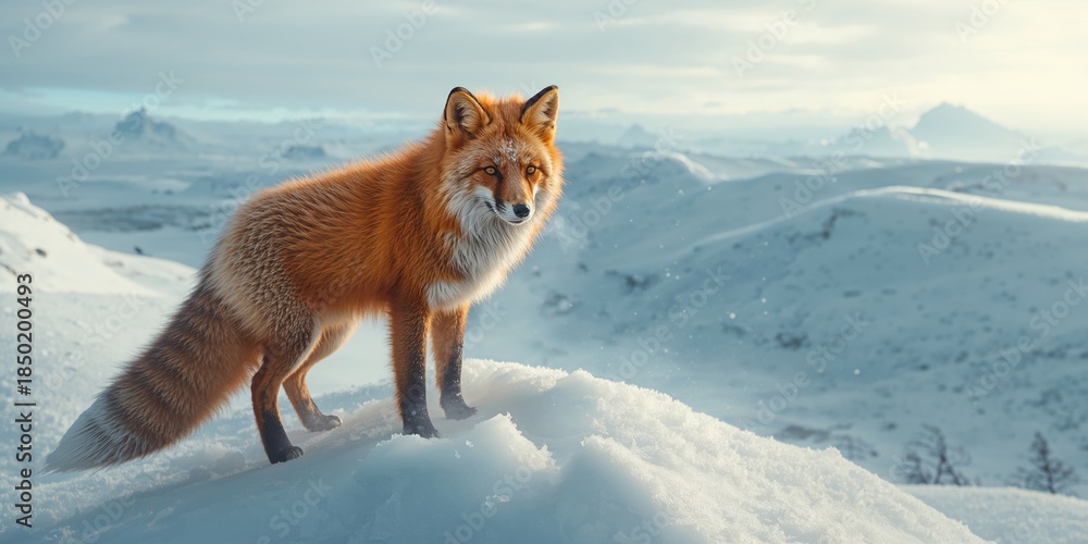 Obraz premium Arctic wildlife featuring a red fox standing on a mountain slope during winter, seasonal adaptation