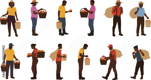 Harvest workers illustration, agricultural teamwork, fruit picking scene, farm labor, basket carrying, red produce, rural attire, vector art, farming concept