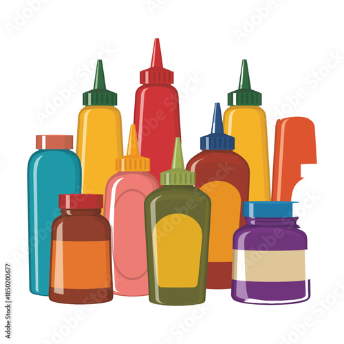 Assorted condiment bottles and sauce containers in vibrant colors, including ketchup, mustard, and various dressings, against white background