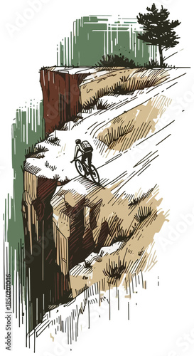 a vector illustrative artwork of a biker over a cliff