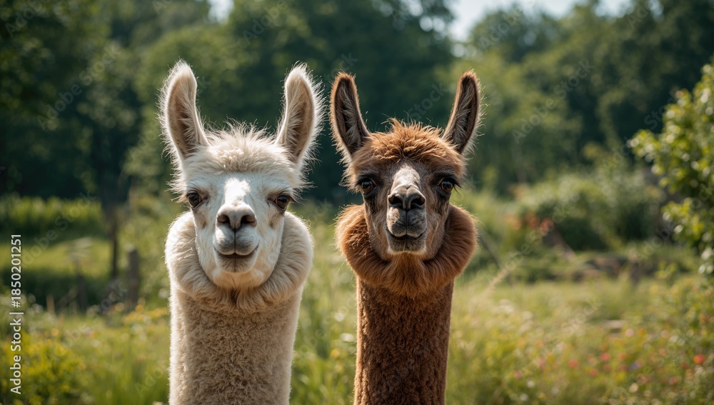 Naklejka premium Llamas in zoo enclosure look toward camera, highlighting animal behavior and habitat features