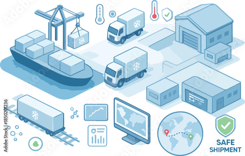 Cold Chain Logistics Network — Refrigerated Warehouses, Trucks & Sensor Monitoring Vector