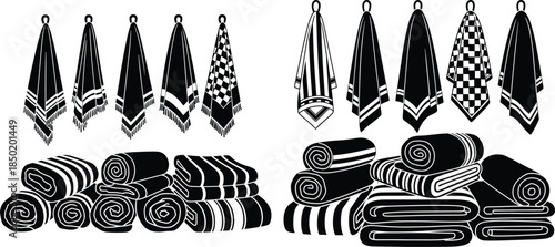 Collection of folded and hanging towel silhouettes with various patterns and textures, household linen