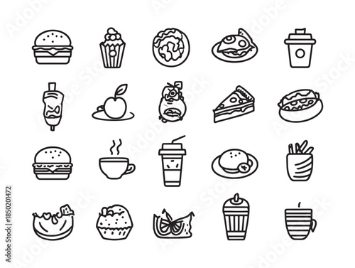 A collection of 16 black and white food and drink icons on a white background