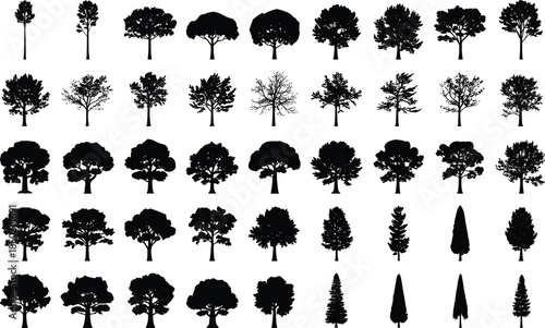 Extensive Collection of Black Silhouette Tree Icons in Various Shapes and Sizes trees