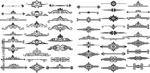 Collection of ornate divider elements in black, featuring floral designs and decorative line variations