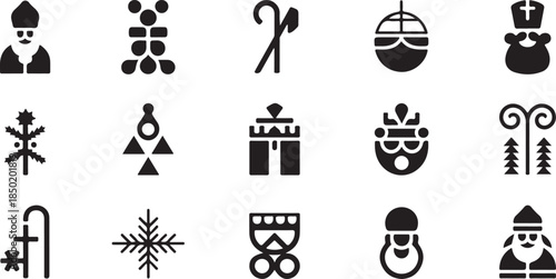 Black silhouette Christmas and winter holiday icons collection featuring festive elements and religious figures