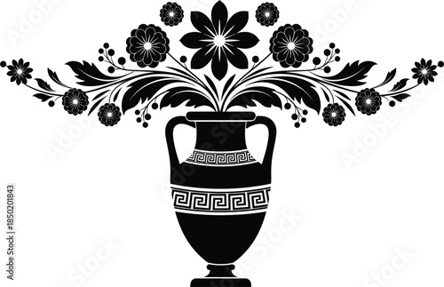 Greek vase silhouette, floral arrangement, classical elegance, ornamental design, black and white art, symmetrical bouquet, antique style, decorative motif
