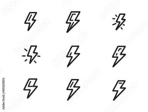 A collection of nine unique lightning bolt icons with varying visual effects and styles