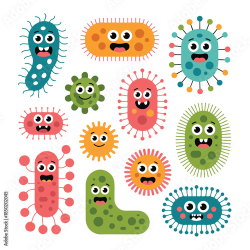 Cute Cartoon Microbes and Bacteria Character Set for Kids Education