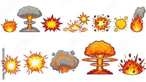 Colorful Cartoon Explosion Illustrations Collection, cartoon explosions, colorful blast graphics, fireball illustrations, shockwave art, smoke plume drawings, burst effects, comic book explosions,