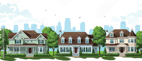 Row of traditional suburban family houses with green trees and a city skyline background under a blue sky with birds