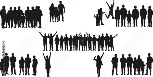 Group silhouettes, people clusters, body language, crowd dynamics, social interaction, black figures, white background, demographic diversity, posture study, abstract composition