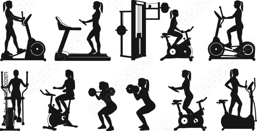 Gym workout silhouettes, fitness equipment, treadmill, elliptical, stationary bike, cable machine, squats, strength training, cardio exercise, black icons, active lifestyle
